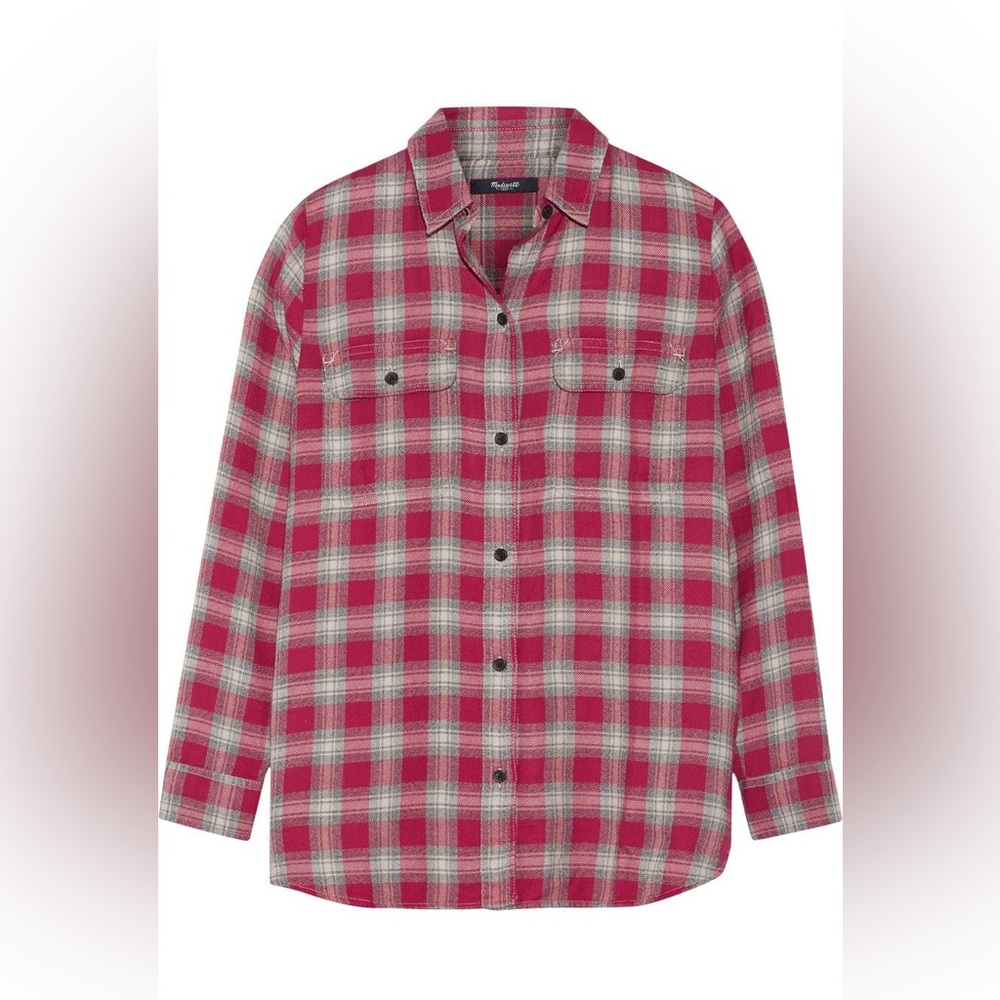 Madewell Oversized Plaid Flannel Shirt Red Gray Button Down Women’s Small